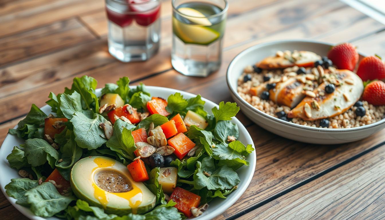 A visually appetizing midday meal laid out on a rustic wooden table, showcasing a variety of nutritious gluten-free ingredients. In the foreground, a fresh salad with vibrant greens, sliced avocado, and a drizzle of olive oil dressing. Alongside, a hearty quinoa bowl featuring roasted vegetables, grilled chicken breast, and a sprinkle of toasted almonds. In the background, a glass of infused water and a side of fresh berries. Soft, natural lighting illuminates the scene, highlighting the textures and colors of the carefully curated meal. The composition exudes a sense of balance, health, and culinary sophistication, perfectly embodying the introduction to a gluten-free high-protein lunch.