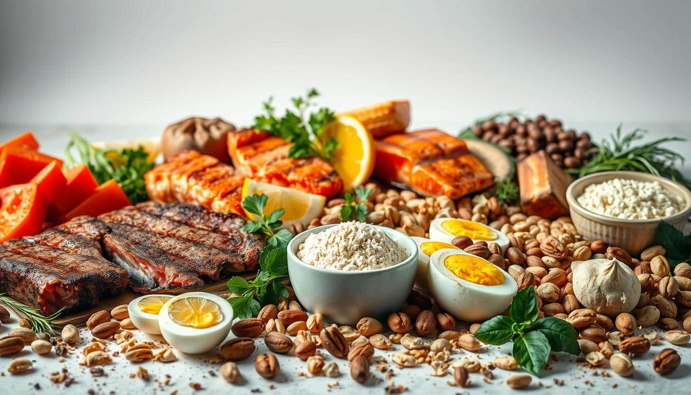 A visually striking still life capturing an assortment of diverse protein sources. In the foreground, a selection of high-protein foods is artfully arranged, including juicy steak, grilled chicken, salmon fillets, hard-boiled eggs, and a variety of nuts and legumes. The middle ground features a scattering of fresh herbs, lemon wedges, and a small bowl of protein powder. The background is a simple, clean white backdrop, allowing the natural textures and colors of the ingredients to take center stage. The lighting is soft and diffused, creating a warm, inviting atmosphere and highlighting the rich, mouthwatering details of each protein source. The overall composition is balanced, visually appealing, and conveys a sense of health, vitality, and the diverse options available for fueling an active lifestyle.