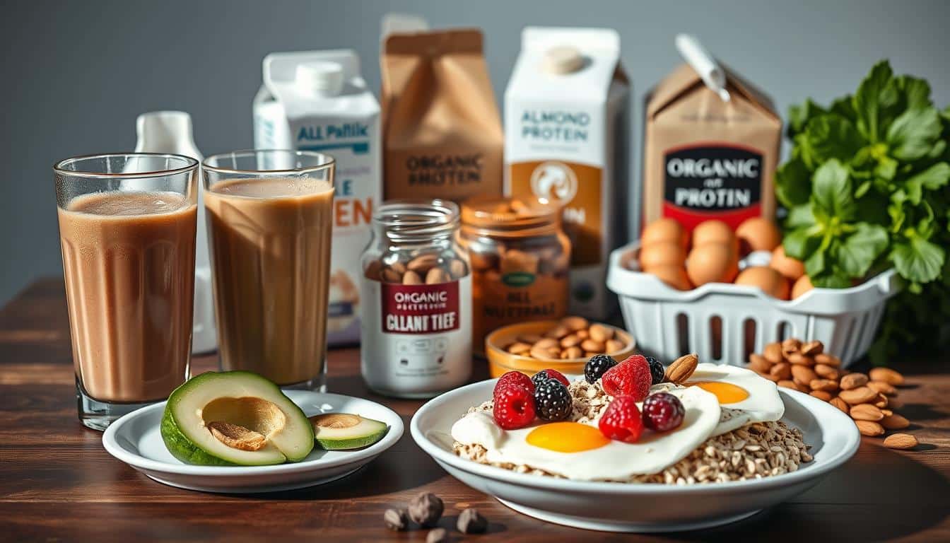 A well-lit, high-resolution photograph of an athlete's essential nutrition items arranged on a wooden table. In the foreground, a glass of fresh smoothie, a plate of scrambled eggs with avocado slices, and a bowl of steel-cut oats topped with berries. In the middle ground, a shaker bottle filled with protein powder, a jar of nut butter, and a handful of raw almonds. In the background, a carton of organic eggs, a carton of almond milk, and a bundle of leafy greens. The lighting is natural and soft, creating a warm, inviting atmosphere that highlights the vibrant colors and textures of the ingredients. The overall composition emphasizes the importance of a balanced, high-protein diet for athletic performance and recovery.