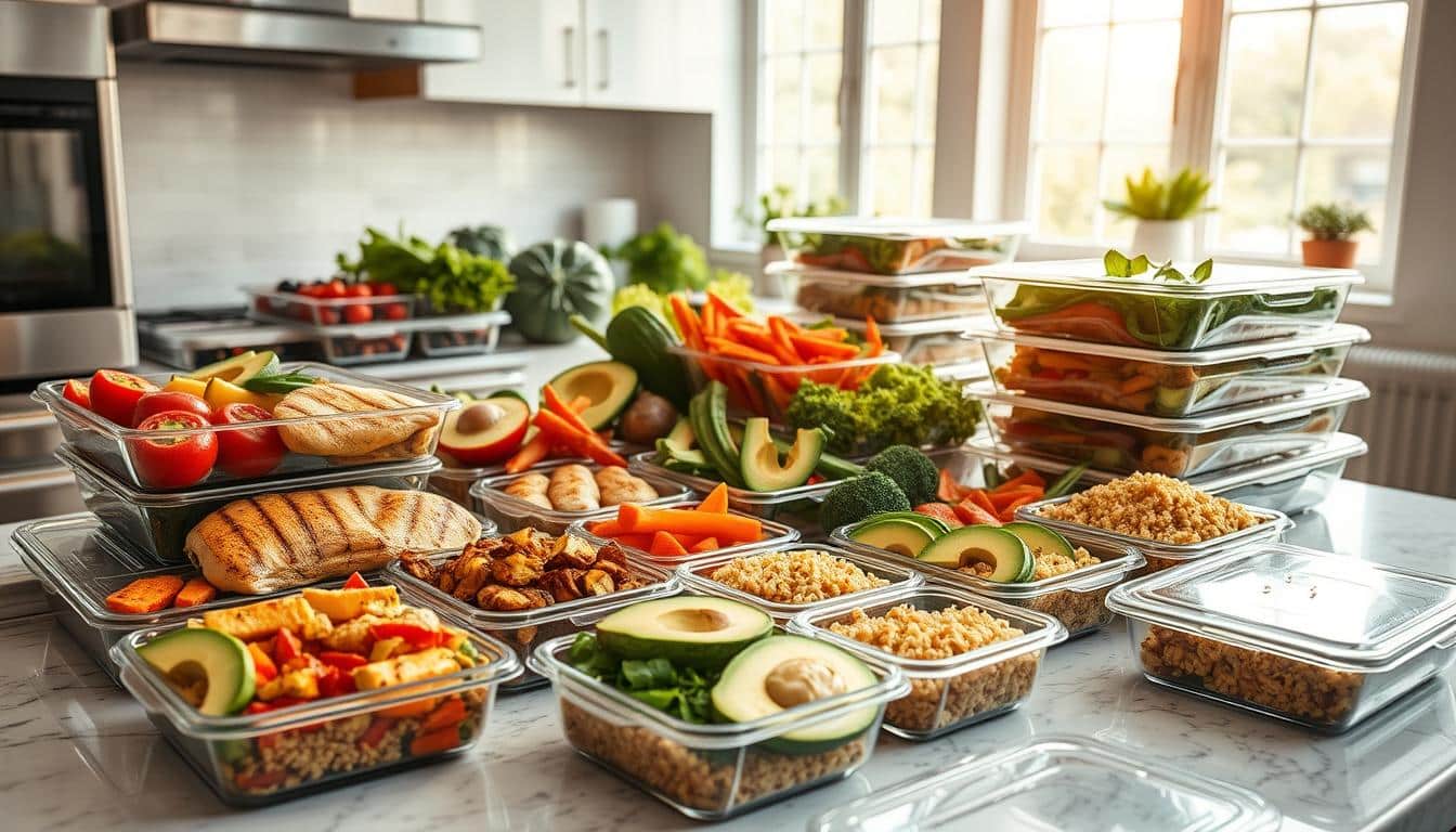Bustling kitchen counter, overflowing with a variety of freshly prepared high-protein ingredients: juicy grilled chicken breasts, vibrant roasted vegetables, hearty quinoa, and creamy avocado slices. Bright natural light filters in through large windows, casting a warm glow over the meticulously organized meal prep containers. Stainless steel appliances gleam, complementing the clean, modern aesthetic. The scene exudes a sense of efficiency and determination, capturing the spirit of a busy week's worth of healthy, nourishing meals.