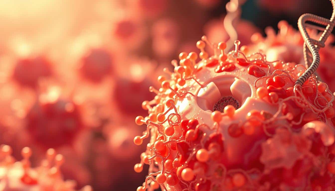 Detailed macro shot of the protein repair process in human cells, showcasing the intricate molecular mechanisms at work. A vibrant, well-lit scene with a crisp, sharp focus on the biological structures. Realistic cellular components such as chaperone proteins, proteasomes, and DNA strands visible in the foreground, middle ground, and background. Warm, natural lighting creates a serene, informative atmosphere, highlighting the elegant, collaborative nature of the protein repair system. Flawless proportions, lifelike details, and a sense of depth and scale to convey the complexity of this fundamental biological process.