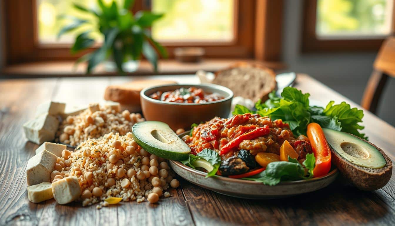 High-protein vegetarian lunch on a wooden table, with various fresh ingredients in the foreground, including tofu, quinoa, chickpeas, avocado, and roasted vegetables. The middle ground features a bowl of hearty lentil stew and a slice of whole-grain bread. In the background, a window lets in natural light, casting a warm, inviting glow over the scene. The image is shot with a shallow depth of field, emphasizing the textures and colors of the fresh, nutritious meal. The overall mood is one of simplicity, nourishment, and mindfulness.