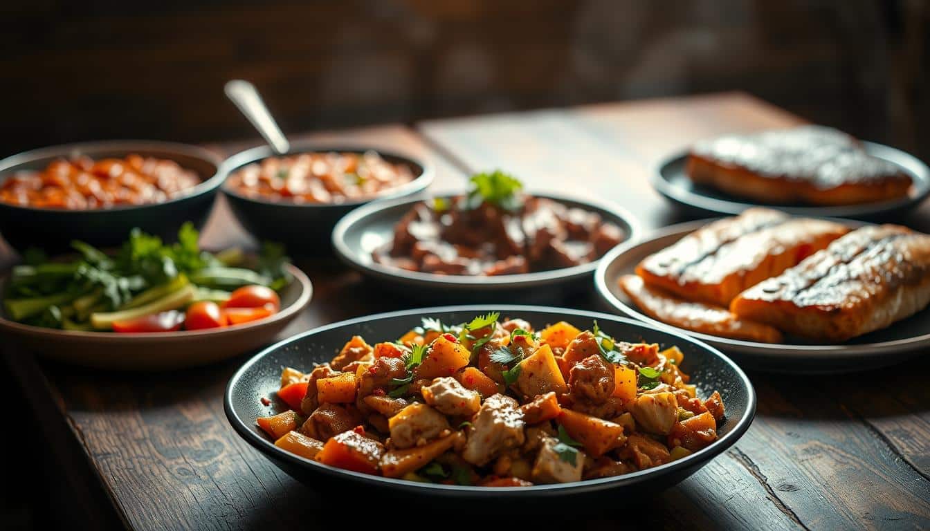 Meticulously arranged on a rustic wooden table, a mouthwatering display of spicy high-protein dishes takes center stage. In the foreground, a sizzling stir-fry of tender chicken, vibrant vegetables, and a harmonious blend of aromatic spices, glistening under the warm, directional lighting. In the middle ground, a hearty chili con carne, the deep red hue of the sauce accentuated by the garnish of fresh cilantro and a sprinkling of crushed red pepper flakes. At the back, a plate of grilled salmon fillets, the char-kissed skin contrasting with the moist, flaky interior, accompanied by a side of roasted sweet potatoes. The overall scene exudes an inviting, mouthwatering atmosphere, primed to inspire and entice the viewer's culinary senses.