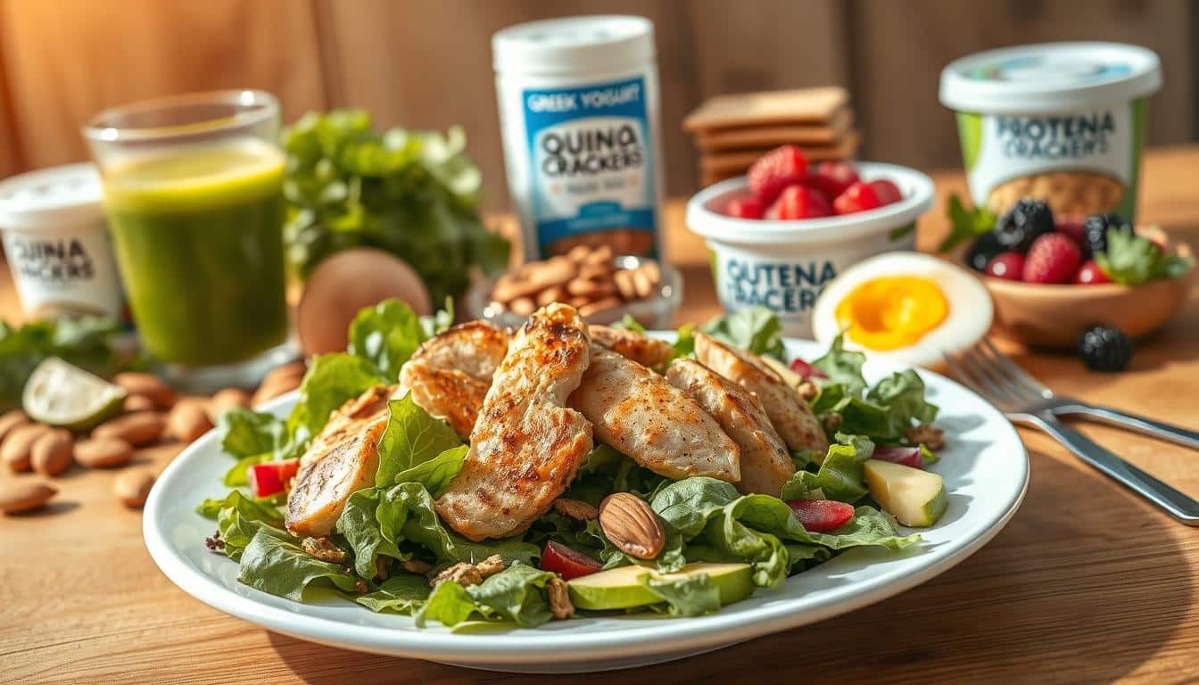 Vibrant still life featuring an assortment of protein-rich foods arranged on a wooden table. In the foreground, a plate showcases a hearty salad with leafy greens, grilled chicken, avocado slices, and a drizzle of vinaigrette. In the middle ground, a bowl of roasted almonds, a glass of fresh vegetable juice, and a hard-boiled egg with a golden yolk. The background features a stack of quinoa crackers, a container of Greek yogurt, and a handful of mixed berries. Warm, natural lighting filters through the scene, highlighting the rich textures and vibrant colors of the nutritious ingredients. A serene, inviting atmosphere evokes the benefits of a protein-packed, gluten-free midday meal.