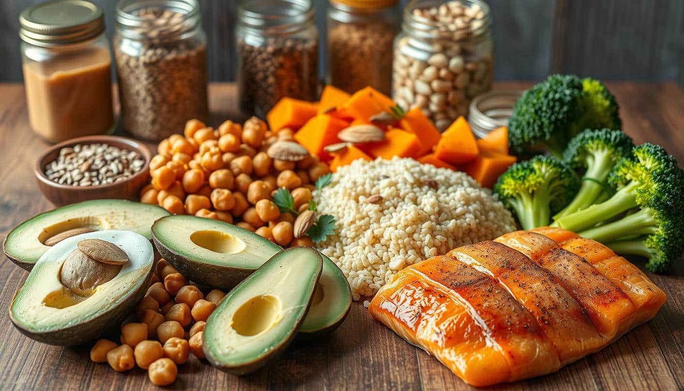 a high-quality, hyper-realistic photograph of a wooden table with various protein bowl ingredients artfully arranged on it. in the foreground, there are sliced avocado, boiled eggs, roasted chickpeas, and grilled salmon filets. in the middle ground, there are quinoa, roasted sweet potato cubes, and steamed broccoli florets. in the background, there are jars of almond butter, chia seeds, and sliced almonds. the lighting is soft and natural, creating a warm, inviting atmosphere. the image is captured with a high-resolution camera lens, showcasing the intricate textures and vibrant colors of the ingredients. the overall composition is visually appealing and emphasizes the key components of a well-balanced protein-rich meal.