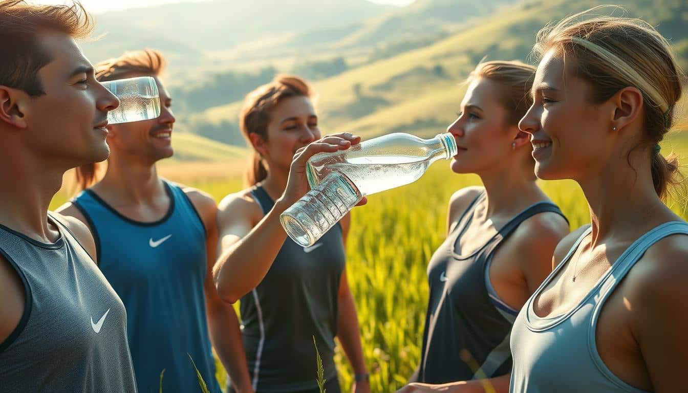 a hyper-realistic photo of a group of athletes standing in a lush, green meadow, hydrating with clear, sparkling water from a glass bottle. The athletes' faces are glowing with health and vitality, showcasing the benefits of proper hydration. The lighting is soft and natural, casting a warm, golden glow across the scene. The camera angle is slightly elevated, providing a panoramic view of the athletes and the breathtaking landscape in the background. The overall atmosphere is one of tranquility, rejuvenation, and the importance of maintaining optimal hydration levels for peak athletic performance.