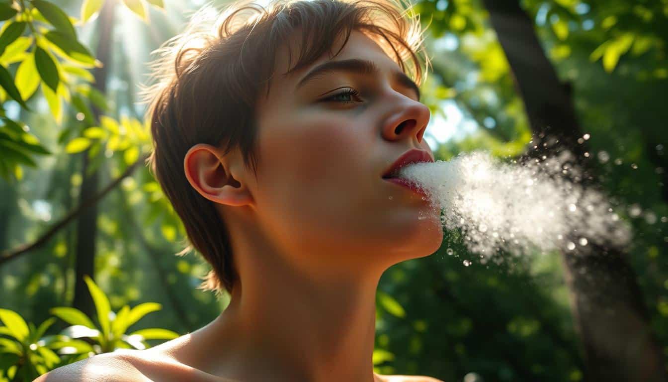a photorealistic image of a healthy, glowing person with vibrant skin, taking a deep, refreshing breath of water vapor, surrounded by a lush, verdant forest scene with sunbeams filtering through the leaves, creating a serene, tranquil atmosphere that emphasizes the rejuvenating, life-giving properties of hydration and its positive impact on the human body