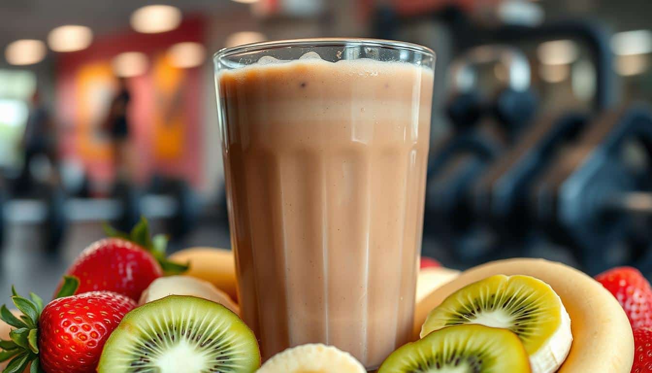 A close-up, high-resolution photograph of a glass filled with a creamy, chocolate-colored liquid, condensation beading on the outside. The liquid is surrounded by an assortment of fresh fruit, such as sliced bananas, strawberries, and kiwi, arranged in a visually appealing manner. In the background, a blurred, out-of-focus gym setting with weights and fitness equipment can be seen, suggesting the context of post-workout recovery. The lighting is soft and natural, highlighting the vibrant colors and textures of the ingredients. The overall composition and styling convey a sense of nourishment, hydration, and replenishment, perfectly encapsulating the "hydration and protein recovery" theme.