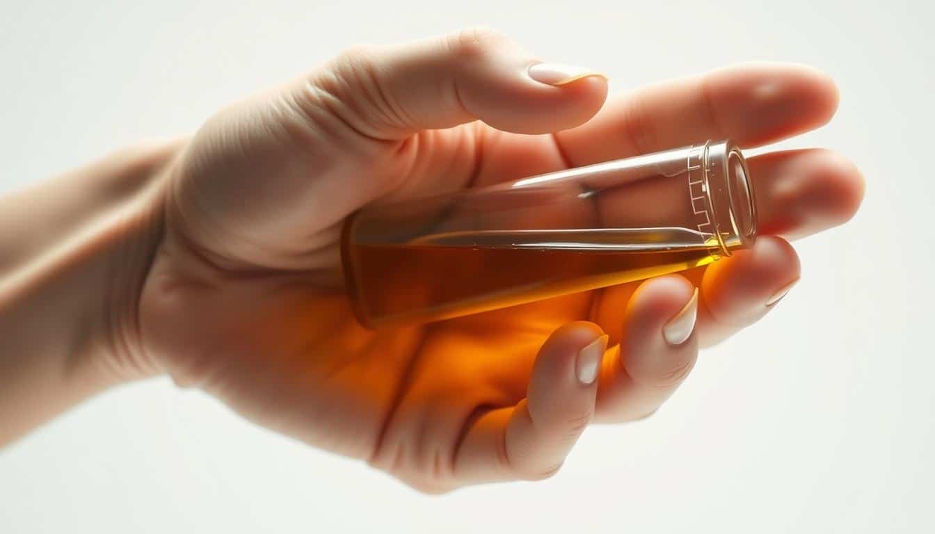 A close-up photograph of a person's hand holding a urine sample container filled with dark yellow, concentrated urine against a clean, white background. The image is shot with a high-resolution camera and professional lighting, capturing the intricate details and color variations of the urine. The background is evenly lit, creating a sense of clarity and focus on the urine sample. The image conveys a medical or scientific mood, highlighting the visual cues associated with dehydration symptoms.
