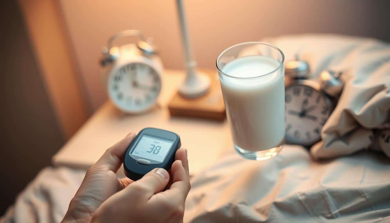A close-up photograph of two hands holding a blood glucose meter and a glass of milk, set against a softly blurred background of a bedside table with a digital alarm clock. The lighting is warm and cozy, casting a gentle glow on the scene. The meter's display shows a reading, suggesting the connection between blood sugar levels and sleep. The composition emphasizes the simplicity and intimacy of the moment, inviting the viewer to consider the potential benefits of a light bedtime snack for recovery.