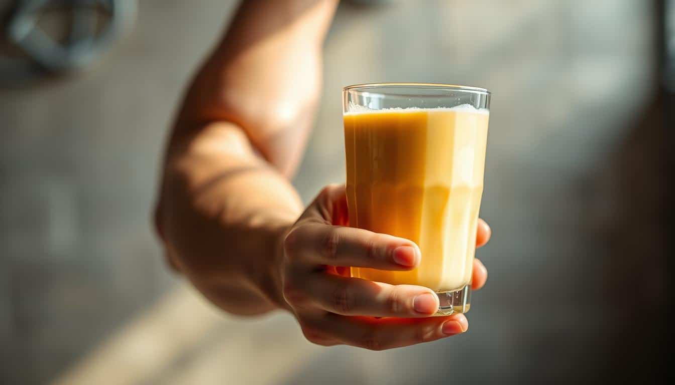 A close-up shot of a muscular arm holding a glass filled with a thick, creamy protein shake. The lighting is soft and natural, casting a warm glow on the scene. The foreground focuses on the glass and the hand holding it, showcasing the vibrant orange-yellow hue of the protein shake. In the middle ground, the contours of the well-defined bicep are visible, highlighting the importance of muscle recovery after a strenuous workout. The background is blurred, creating a sense of depth and emphasizing the primary subject. The overall atmosphere is one of health, fitness, and the vital role of proper nutrition in supporting muscle recovery and performance.