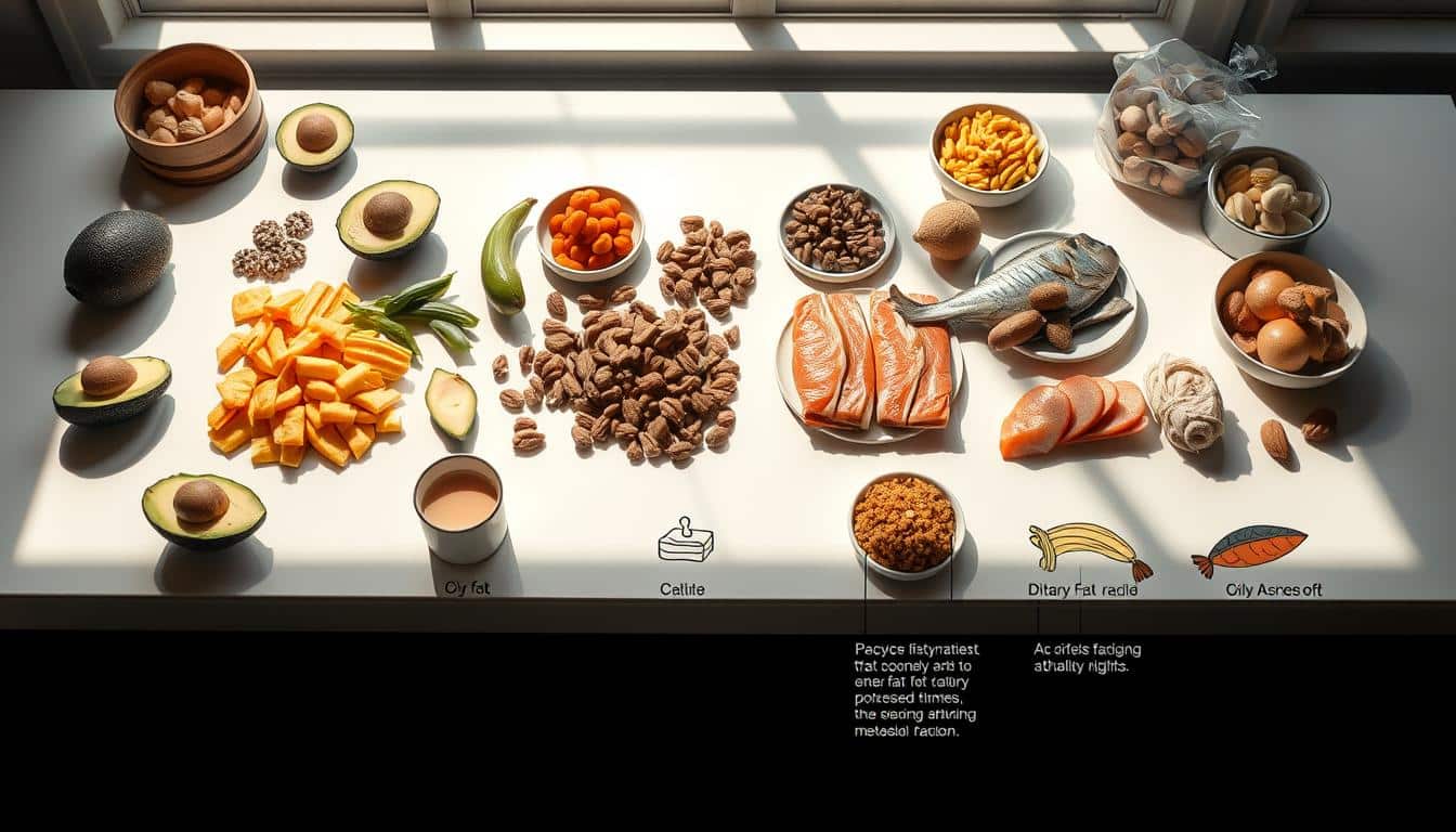 A crisp, high-resolution photograph depicting a detailed explication of common "diet myths" surrounding the relationship between dietary fat and physical performance. The scene features a neatly organized array of diverse food items - healthy fats like avocados, nuts, and oily fish juxtaposed against sugary, processed snacks - arranged on a sleek, minimalist tabletop. Soft, natural lighting bathes the scene, casting long shadows and highlighting the textures and colors of the foods. In the foreground, a series of concise, infographic-style illustrations accompanied by brief, explanatory captions debunk the notion that dietary fat inherently impairs athletic ability or metabolic function. The overall tone is one of scientific clarity and evidence-based nutritional guidance.
