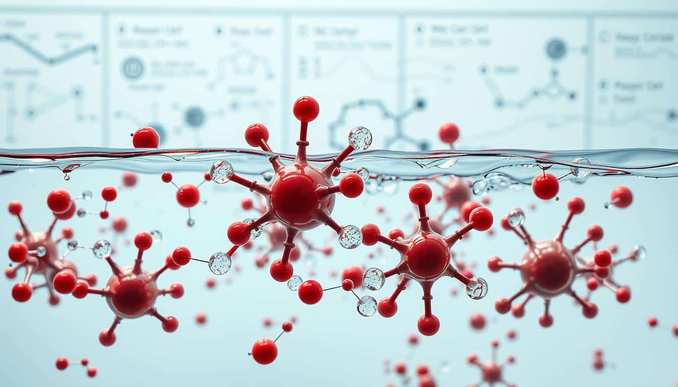 A detailed, high-resolution macro photograph of various electrolyte molecules floating in a transparent liquid, with a backdrop of scientific diagrams and charts illustrating the process of hydration and electrolyte balance. The scene is lit by a soft, even light, capturing the intricate structures and interactions of the electrolyte compounds with vivid clarity. The image has a sense of depth and scale, allowing the viewer to fully appreciate the scientific complexity of this essential physiological process.