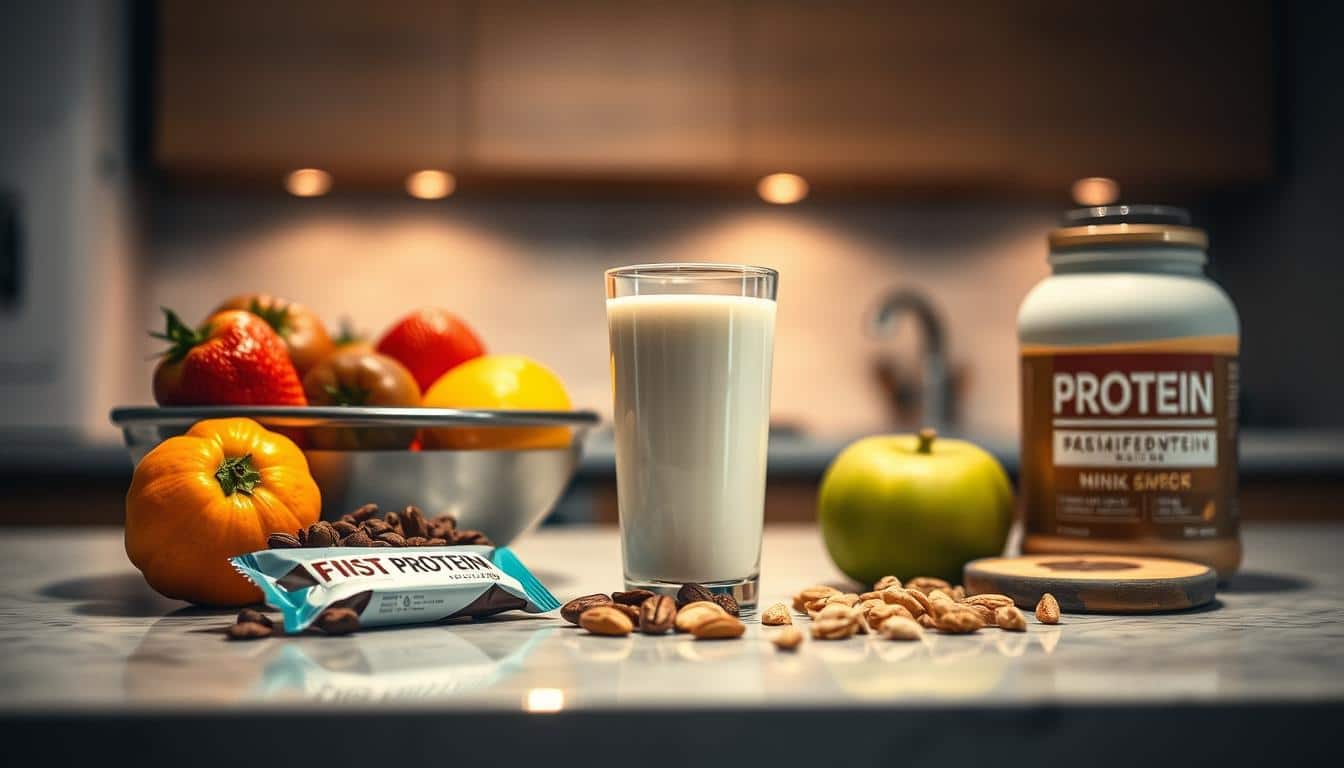A dimly lit kitchen counter, adorned with an array of post-workout snacks and beverages. In the center, a glass of protein-rich milk, accompanied by a bowl of fresh fruit, a handful of nuts, and a protein bar. The soft, warm lighting casts a cozy glow, evoking a sense of nourishment and recovery after a late evening training session. The scene is captured with a sharp, high-resolution lens, highlighting the natural textures and vibrant colors of the ingredients. The overall atmosphere conveys a sense of balance, replenishment, and a healthy lifestyle.