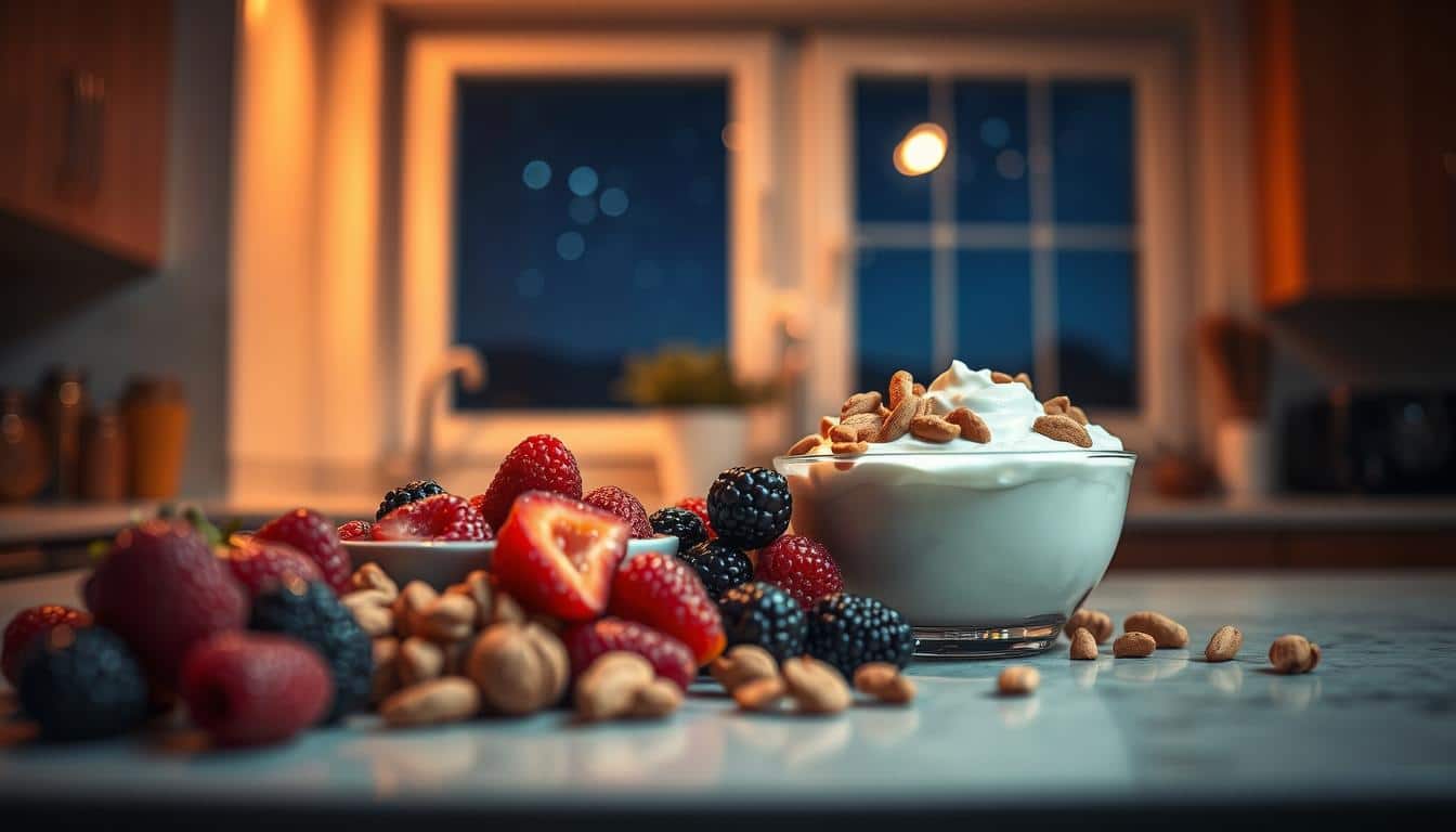 A dimly lit kitchen counter, illuminated by warm ambient lighting, showcases an assortment of nighttime muscle recovery foods. Juicy berries, creamy yogurt, and crunchy nuts are artfully arranged, casting soft shadows and highlights. In the background, a blurred window reveals a starry night sky, creating a soothing, restorative atmosphere. The scene is captured with a shallow depth of field, emphasizing the textures and colors of the nutritious, post-workout snacks.