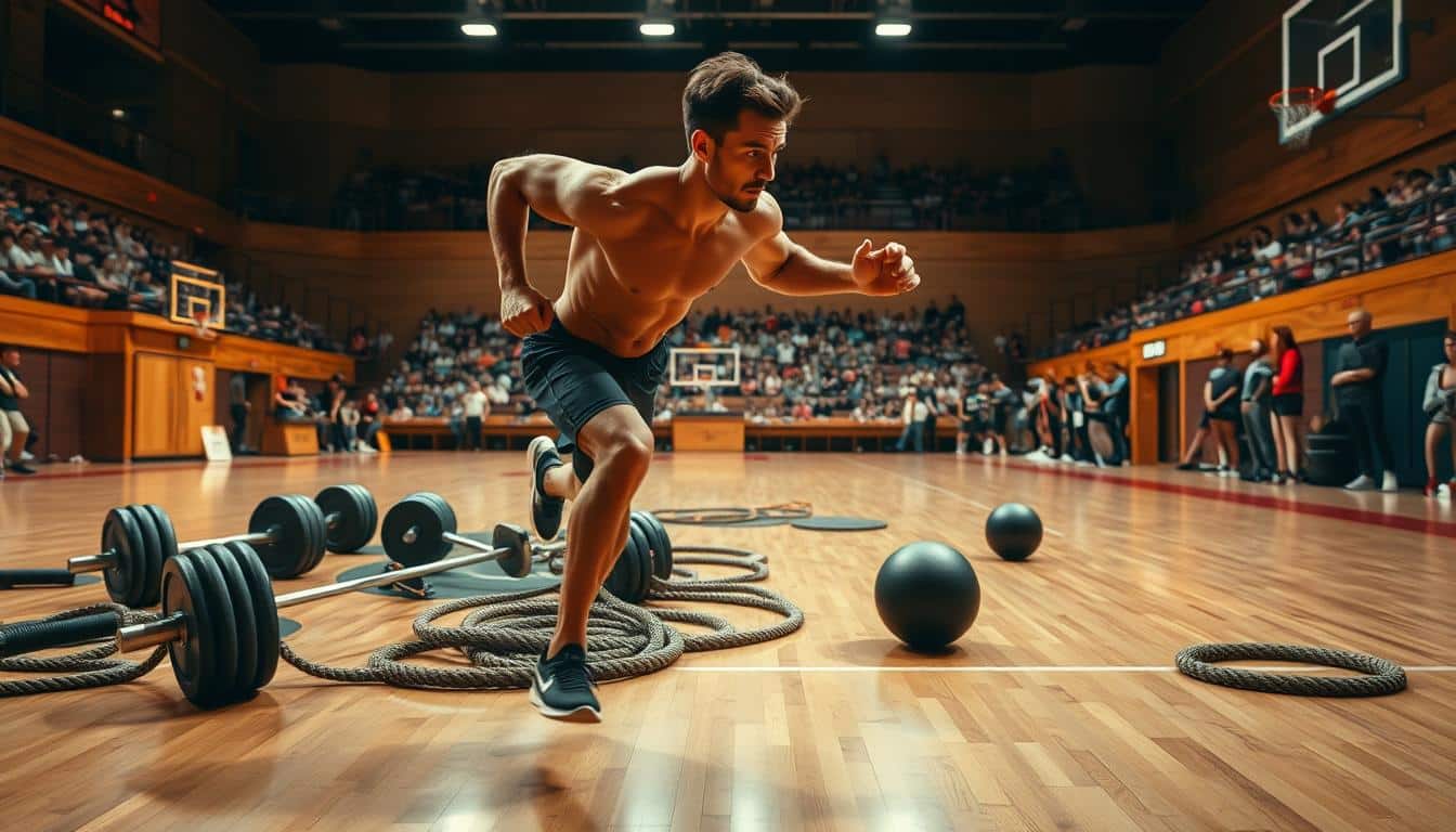 A dynamic, high-energy scene of explosive sports action unfolding in a well-lit arena. In the foreground, an athlete sprints powerfully, muscles rippling as they push their body to the limit. The middle ground features a variety of explosive sports equipment – barbells, medicine balls, battle ropes – scattered across the court's polished wooden floor. In the background, glimpses of spectators and team members capture the electrifying atmosphere of the event. Crisp, cinematic lighting bathes the scene in a warm, natural glow, highlighting the sheer athleticism and determination of the performer. The overall composition conveys the raw, unbridled power and energy inherent in explosive sports.