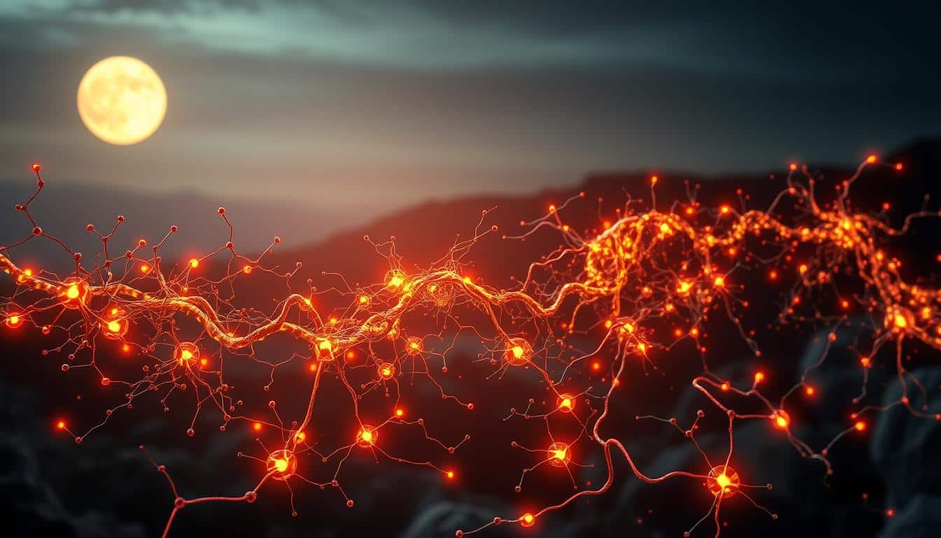 A highly detailed, photorealistic image of the intricate mechanisms of circadian rhythm and metabolism. The foreground depicts the intricate dance of hormones, enzymes, and neural pathways that govern the body's 24-hour cycles, with glowing nodes and pulsing lines of energy. The middle ground showcases the complex interplay between nutrient absorption, energy production, and waste management, rendered in vibrant hues and sharp contrasts. The background features a serene, moonlit landscape, hinting at the profound influence of environmental cues on the body's internal rhythms. Soft, diffused lighting bathes the entire scene, creating a sense of depth and atmosphere. Captured with a high-resolution camera lens, this image offers a captivating and informative visualization of the intimate relationship between circadian rhythm and metabolism.