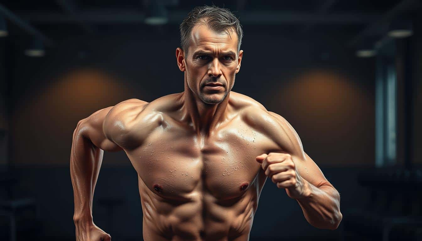 A human figure in a running pose, covered in a sheen of sweat, stands against a blurred background of a dimly lit indoor gym. The skin has a realistic, textured appearance, and the musculature is clearly defined, showcasing the intense physical exertion. Beads of perspiration glisten on the forehead and upper body, conveying the feeling of fluid loss during the exercise session. The lighting is soft and directional, creating dramatic shadows that accentuate the contours of the body. The image captures the physiological impact of strenuous physical activity, serving as a visual representation of the section on "Understanding Fluid Loss During Intense Exercise".