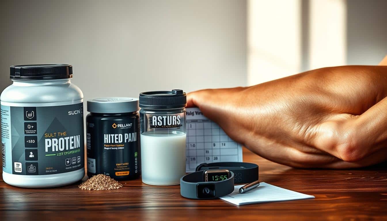A hyper-realistic photo of a muscular arm with veins popping, resting on a wooden table. In the foreground, an array of nutritional supplements - protein powder, shaker bottle, and sports drink. The middle ground features a digital fitness tracker and a written training schedule. The background is softly blurred, with a clean, minimalist aesthetic. The lighting is natural, with subtle shadows and highlights accentuating the details. The overall mood is one of focused, post-workout recovery and replenishment.
