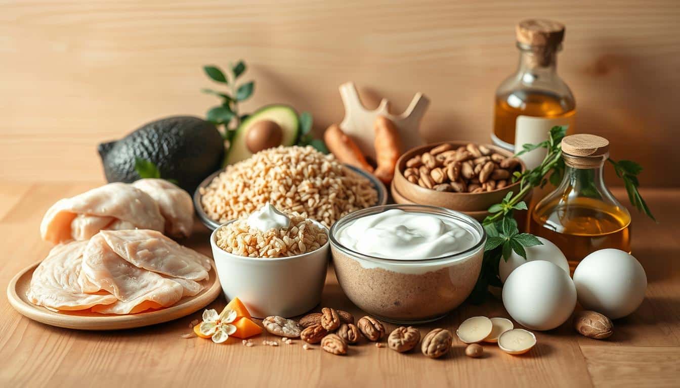 A meticulously detailed, highly realistic photograph of a selection of common macronutrients arranged on a simple, minimalist wooden table. In the foreground, there are various protein sources such as chicken breast, eggs, and Greek yogurt. In the middle ground, complex carbohydrates like brown rice, quinoa, and sweet potatoes are prominently displayed. The background showcases healthy fats such as avocado, nuts, and olive oil. The lighting is soft and natural, creating a warm, inviting atmosphere. The composition is aesthetically pleasing, with each element carefully positioned to emphasize the harmony and synergy of these essential nutrients for post-workout recovery and muscle growth.