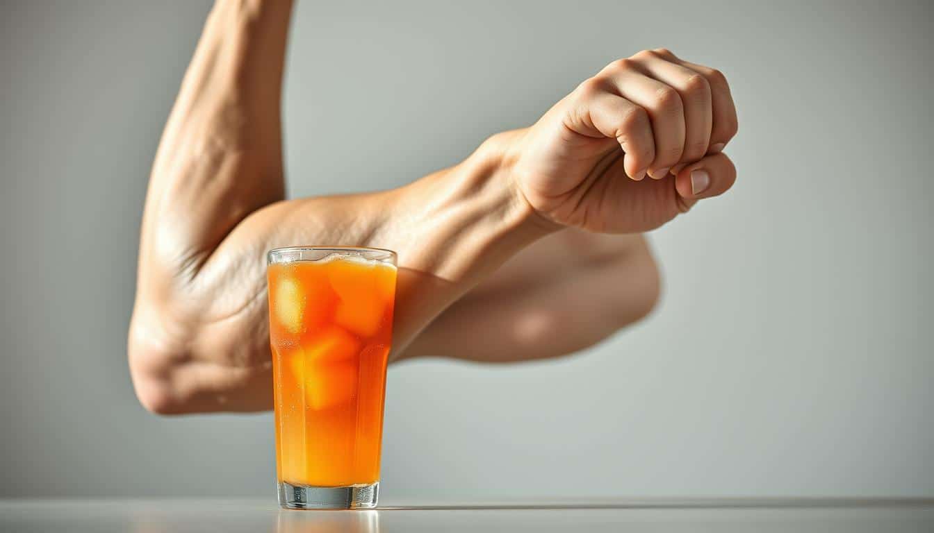 A muscular arm in natural lighting, flexing to reveal defined biceps and triceps. The skin glistens with a slight sheen, showcasing the underlying musculature. In the foreground, a glass filled with a vibrant, nutrient-rich recovery drink, condensation beading on the surface. In the background, a simple, uncluttered setting, allowing the focus to remain on the arm and the recovery drink. The overall scene conveys the benefits of proper carb and protein intake for muscle recovery, with a clean, crisp, and professional visual aesthetic.