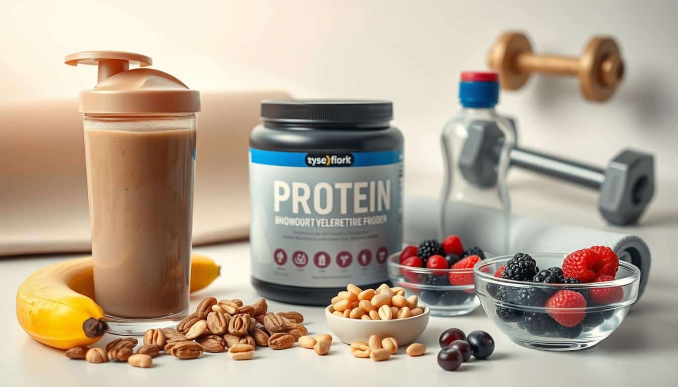 A neatly arranged still life of essential post-workout nutrition items set against a clean, bright background. In the foreground, a protein shake with a metal shaker, a handful of mixed nuts, and a banana. In the middle ground, a container of protein powder, a sports bottle, and a small bowl of electrolyte-rich berries. In the background, a yoga mat and a dumbbell, hinting at the recent workout. The lighting is soft and natural, creating a crisp, clean, and inviting atmosphere.