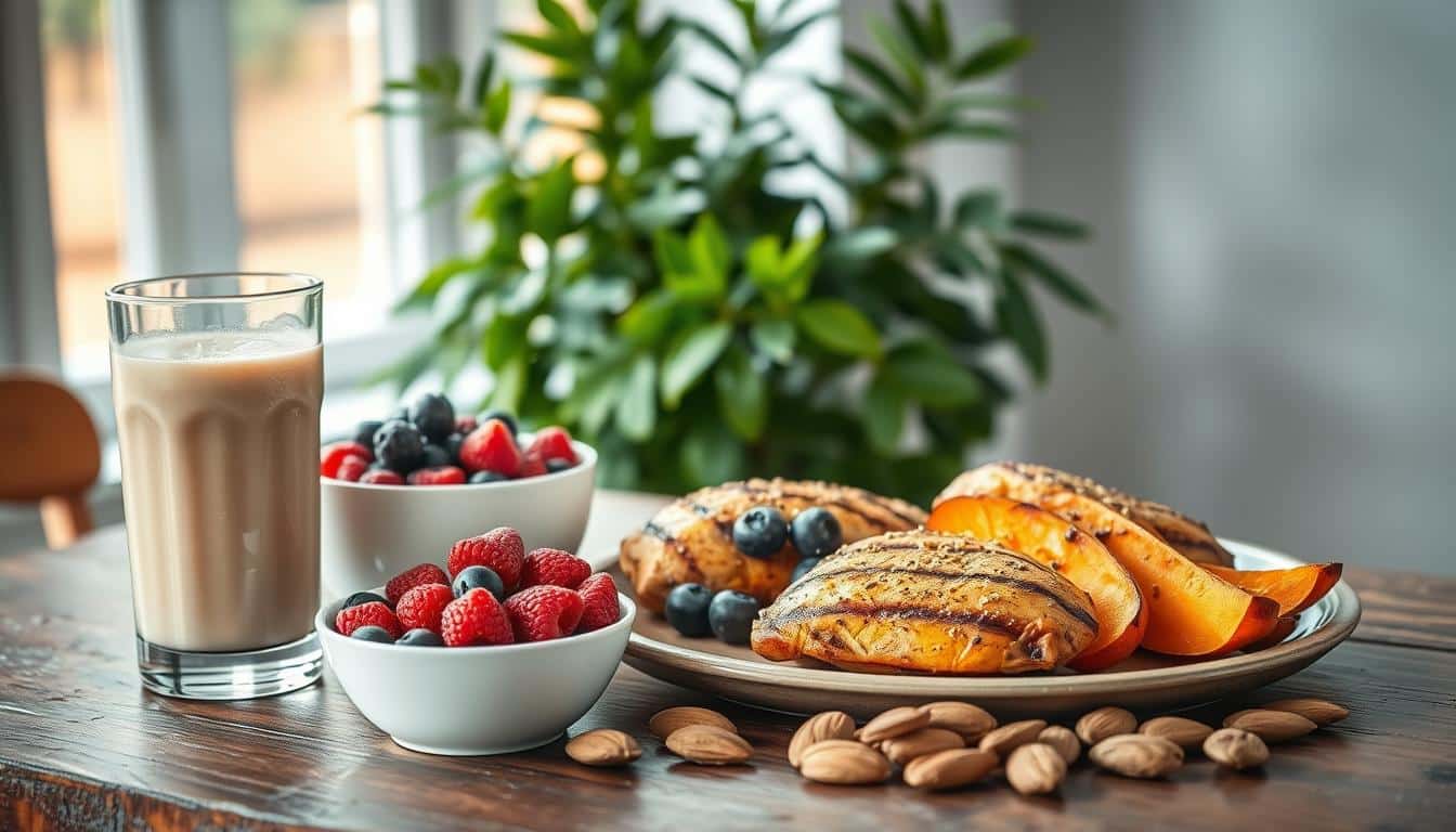 A nutritious and tempting array of post-workout foods displayed on a rustic wooden table. In the foreground, a glass of protein shake, a scoop of protein powder, and a bowl of fresh berries. In the middle ground, a plate of grilled chicken breast, roasted sweet potatoes, and a handful of raw almonds. In the background, a lush green plant and a subtle window light casting a warm, natural glow. The scene exudes a sense of balance, vitality, and the importance of replenishing the body after an intense workout session.