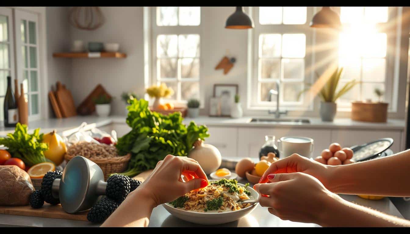 A post-workout recovery scene in a bright, airy kitchen. On the counter, a variety of nutrient-dense foods - leafy greens, colorful fruits, whole grains, and protein-rich options like eggs and yogurt. Sunlight streams in through large windows, casting a warm, inviting glow. In the foreground, a person's hands carefully assembling a nourishing post-workout meal, symbolizing the restorative benefits of fueling the body after exercise. The scene conveys a sense of balance, wellness, and the importance of replenishing the body after an intense workout.