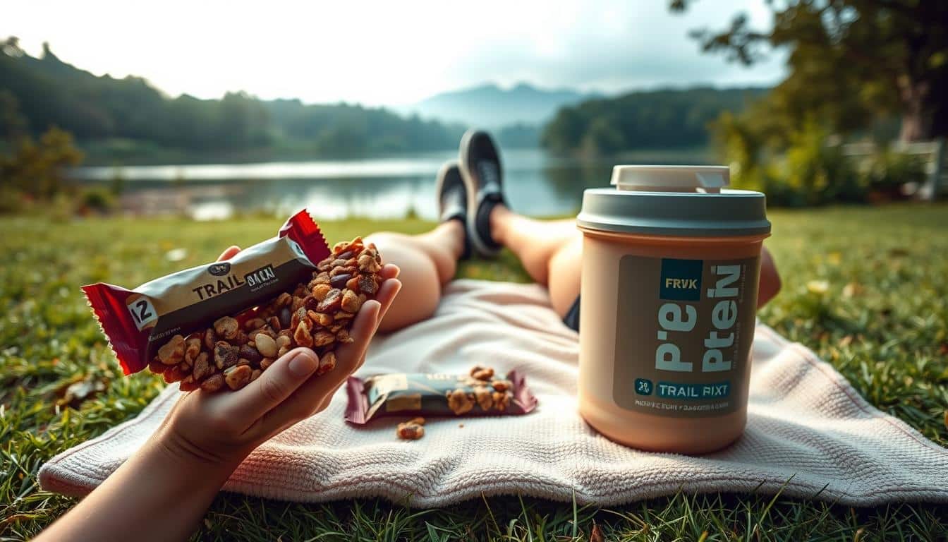 A serene, post-run recovery scene showcasing the benefits of protein snacks for runners. In the foreground, a runner's hands hold a variety of nutrient-dense protein-rich snacks - energy bars, trail mix, and a protein shake. The middle ground features the runner's legs, clad in athletic wear, resting on a soft, plush towel. In the background, a tranquil setting with lush greenery, a calming body of water, and soft, diffused lighting creates a sense of relaxation and rejuvenation. Captured with a wide-angle lens, the image conveys the holistic, restorative experience of post-run recovery fueled by high-quality protein snacks.