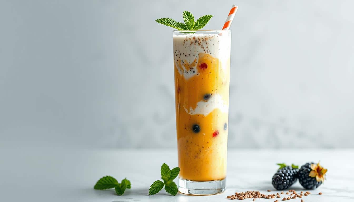 A tall, frosty glass filled with a vibrant, nutrient-dense smoothie, made with a blend of ripe, juicy fruits, creamy yogurt, and protein-rich ingredients like chia seeds and almond butter. The glass is positioned on a clean, minimalist surface, with a sprig of fresh mint and a straw adding a touch of natural elegance. The lighting is soft and diffused, highlighting the smooth, silky texture of the smoothie and the glossy sheen of the glass. The overall scene conveys a sense of health, vitality, and the perfect post-workout recovery refreshment.