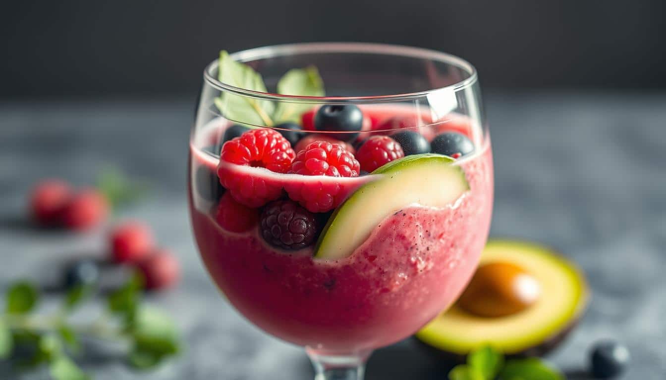 A vibrant array of nutrient-dense ingredients float effortlessly in a glass, creating a visually captivating recovery smoothie. Ripe berries, leafy greens, and creamy avocado are bathed in soft, natural lighting, showcasing their vibrant colors and textures. The smoothie is captured in a close-up, high-resolution shot, highlighting the intricate details and inviting the viewer to experience the nourishing benefits. The overall scene exudes a sense of health, vitality, and the restorative power of whole, plant-based foods, perfectly aligning with the subject of post-workout recovery.