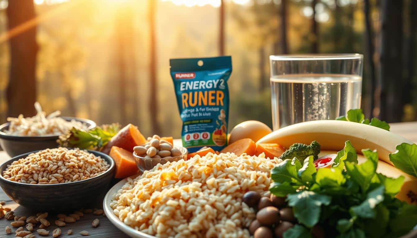 A vibrant, high-resolution photograph showcasing various energy sources and carbohydrate-rich foods. In the foreground, a balanced plate displays a diverse array of whole grains, fruits, and vegetables, such as brown rice, sweet potatoes, bananas, and leafy greens, all bathed in warm, natural lighting. In the middle ground, a runner's energy gel pack and a glass of water represent the essential fuels for athletic performance. The background features a scenic, sun-dappled forest, evoking a sense of vitality and endurance. The overall composition conveys the importance of a balanced, carbohydrate-rich diet in supporting physical activity and optimal energy levels.