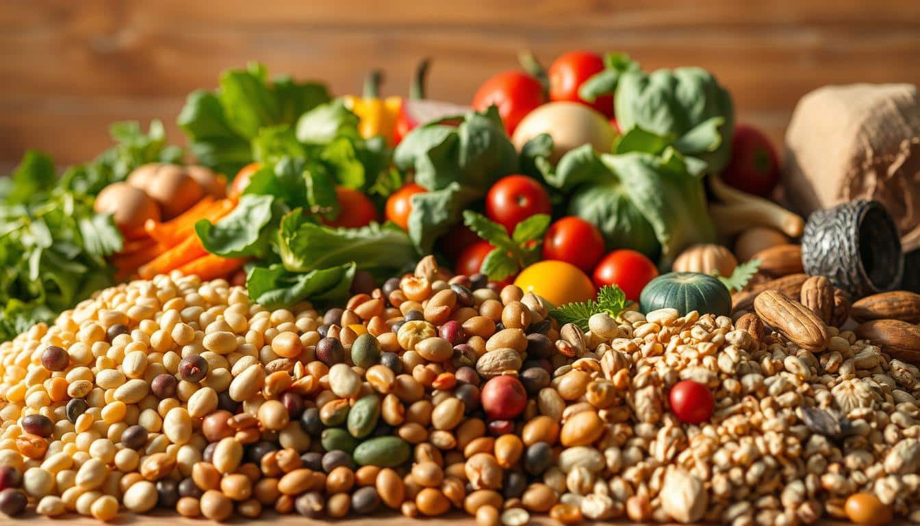 A vibrant still life capturing the diverse array of plant-based protein sources commonly found in nutritious meals. In the foreground, a variety of legumes, grains, and nuts are artfully arranged, each item showcasing its unique texture and hue. The middle ground features leafy greens, crisp vegetables, and colorful fruits, highlighting the complementary flavors and nutrient-dense ingredients that comprise a balanced, high-protein plant-based dish. Warm, natural lighting bathes the scene, casting subtle shadows and accentuating the succulent, appetizing qualities of the ingredients. The overall composition conveys a sense of abundance, health, and culinary sophistication, perfectly encapsulating the essence of a nourishing, plant-based high-protein meal.