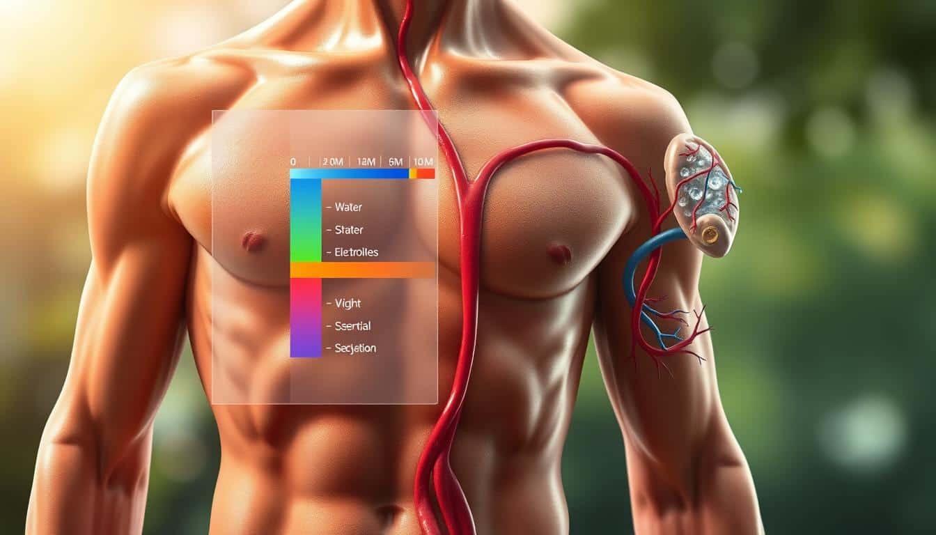 A vibrant, well-hydrated human body displayed with anatomical precision, showcasing the fluid levels in various vital areas. The skin has a healthy, glowing appearance, and the muscles are toned and defined. In the foreground, a transparent overlay illustrates the balance of water, electrolytes, and other essential fluids, represented by a color-coded scale. The middle ground features a detailed cross-section of the circulatory system, highlighting the transport of these life-sustaining liquids. In the background, a serene, nature-inspired setting with soft lighting emphasizes the importance of maintaining proper hydration for overall bodily function and well-being.