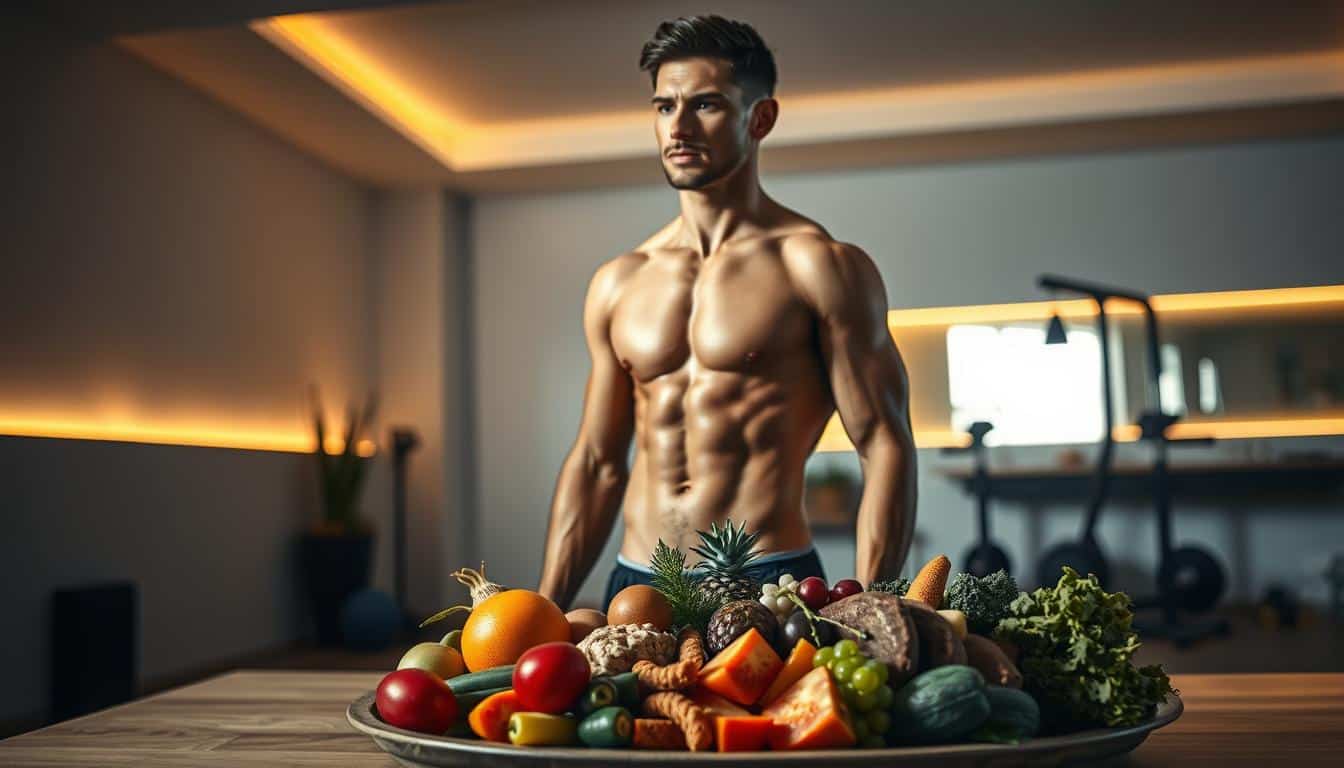 A well-defined post-workout recovery scene, showcasing a lean, muscular male figure in a serene, dimly lit environment. The subject stands in a relaxed stance, fresh from an intense training session, with beads of sweat glistening on his skin. The foreground features a platter of various nutrient-dense foods, including fruits, vegetables, and a protein-rich meal, signifying the importance of proper post-workout nutrition. The middle ground depicts a minimalist, contemporary interior with warm, soft lighting, creating a calming atmosphere. The background subtly suggests a modern, well-equipped home gym, hinting at the subject's dedication to their fitness journey. The overall scene conveys a sense of balance, rejuvenation, and the synergy between physical exertion and nourishment.