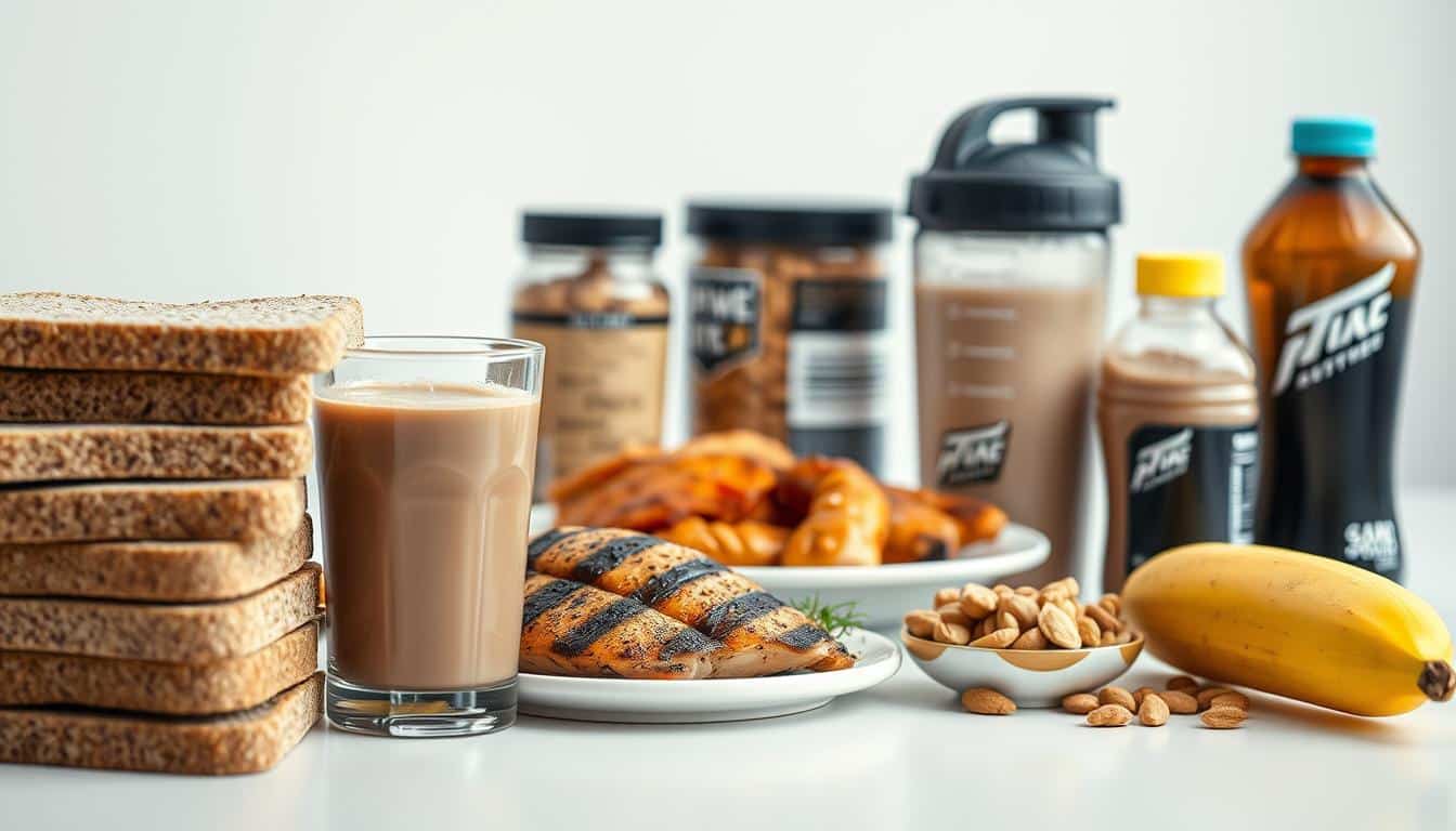 A well-lit, high-resolution photograph of a neatly arranged selection of post-workout recovery nutrition items on a clean, white tabletop. The foreground features a stack of whole grain bread, a glass of chocolate milk, a plate of grilled chicken, and a banana. The middle ground showcases a shaker bottle filled with a protein shake, a handful of mixed nuts, and a sports drink. The background subtly blurs to highlight the subject, creating a sense of focus and emphasis on the essential components of optimal post-exercise nutrition.