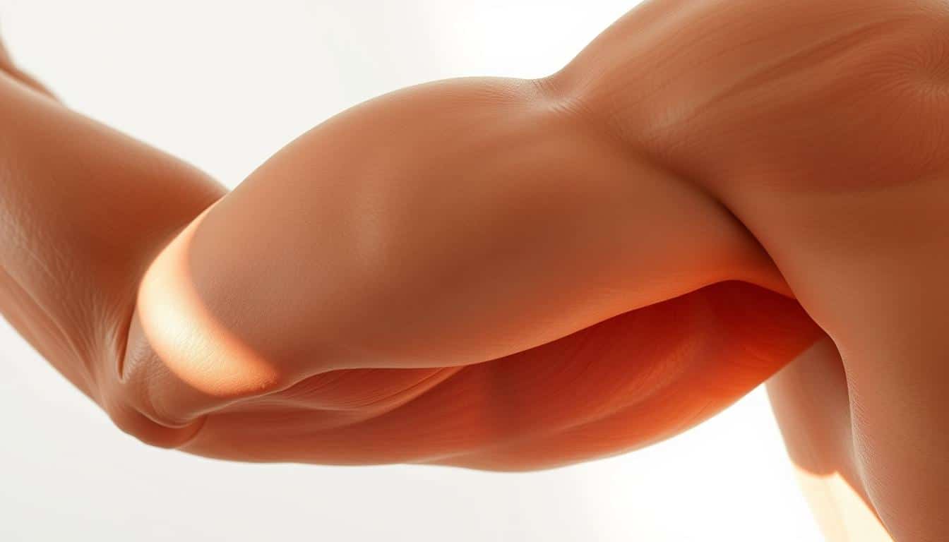 Hyper-realistic photograph of a muscular human arm with prominent veins, showcasing the role of magnesium in muscle recovery. The arm is depicted against a clean, white background, illuminated by soft, natural lighting from the left side, creating subtle shadows and highlights that accentuate the intricate muscle fibers and tendons. The image captures the complex interplay between the physical and chemical processes involved in the recovery of muscle tissue, with a focus on the importance of magnesium in this process. The overall composition and attention to detail convey a sense of scientific accuracy and visual clarity, effectively illustrating the section's subject matter.