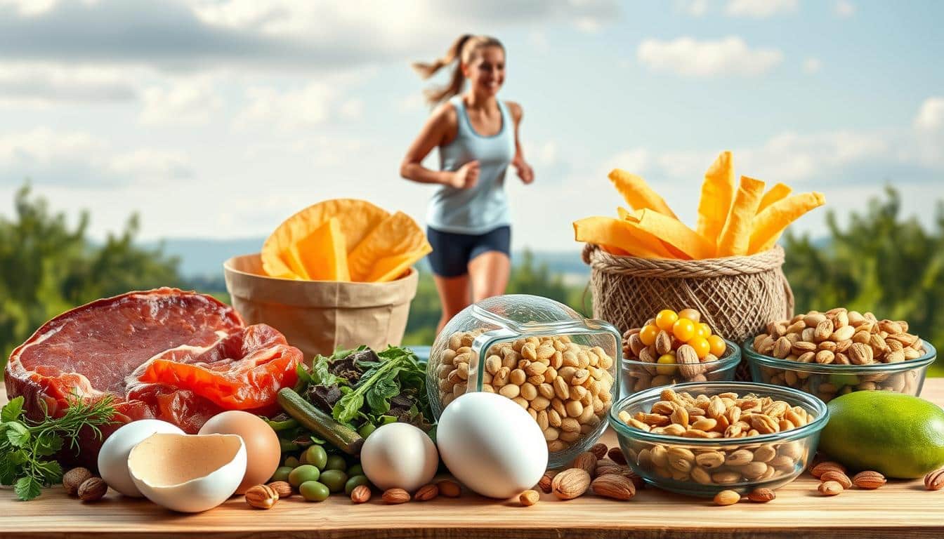 Hyper-realistic protein myths for athletes, with a focus on dispelling the protein myth for runners. A crisp, well-lit scene depicting various protein-rich foods - lean meats, eggs, legumes, and nuts - arranged in a natural, thoughtful composition. The foreground features the key protein sources, while the middle ground showcases a runner in a relaxed, post-workout pose, conveying a sense of balance and moderation. The background is a serene, nature-inspired setting, hinting at the broader context of a healthy, active lifestyle. Accurate proportions, lifelike textures, and a warm, inviting color palette create an image that educates and inspires.