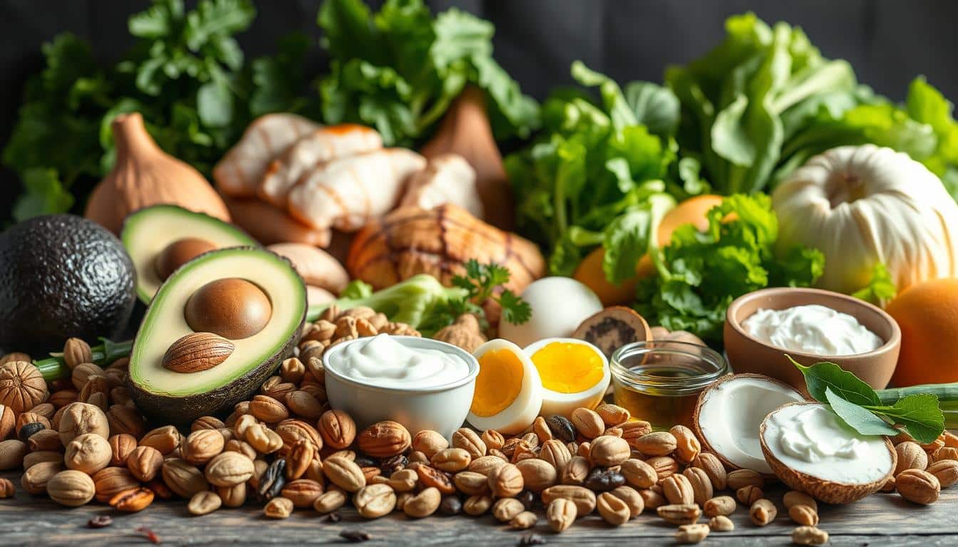 Hyper-realistic still life depicting an assortment of low-carb energy sources. In the foreground, a variety of nuts, seeds, and healthy fats such as avocado, olive oil, and coconut oil are arranged artfully. The middle ground showcases lean proteins like grilled chicken, hard-boiled eggs, and Greek yogurt. In the background, vibrant green leafy vegetables and other low-carb produce create a vibrant, nutritious backdrop. Soft, natural lighting illuminates the scene, emphasizing the fresh, wholesome quality of the ingredients. The overall composition conveys the balance and variety of a low-carb diet suitable for explosive sports performance.