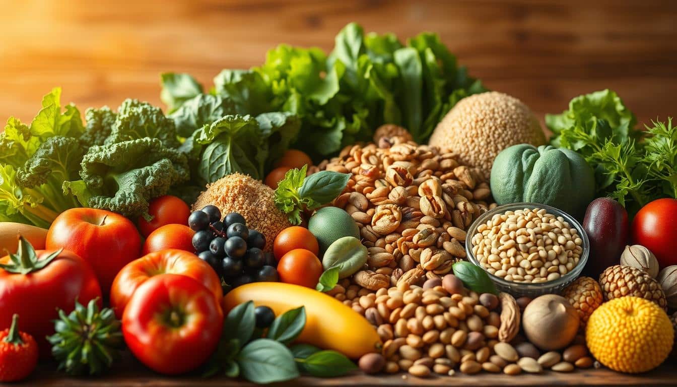 Vibrant still life capturing an array of high-protein plant-based athlete superfoods. In the foreground, a mouthwatering display of juicy fruits, nutrient-dense leafy greens, and wholesome grains. The middle ground showcases a variety of hearty legumes, nuts, and seeds bursting with muscle-building protein. Backlit by warm, natural lighting, the scene exudes a sense of health, vitality, and balanced nourishment. Meticulously rendered in crisp, hyper-realistic detail to evoke the viewer's appetite and appreciation for the powerful, plant-based fuel that fuels top athletic performance.