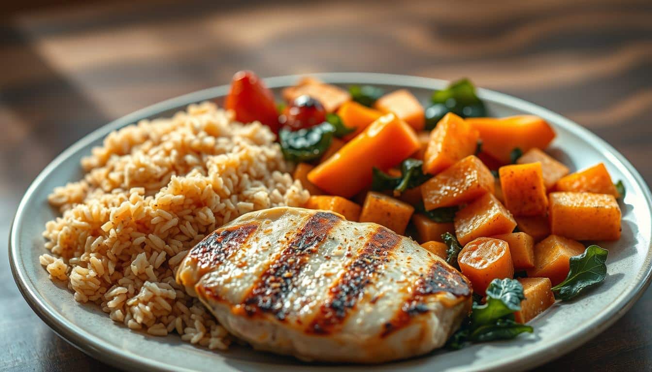 A detailed, high-resolution photograph of a plate filled with various carbohydrate and protein-rich foods. In the foreground, a portion of grilled chicken breast, seasoned with herbs and spices, rests alongside a serving of brown rice, fluffy and glistening. In the middle ground, a generous helping of roasted sweet potatoes, their vibrant orange hues contrasting beautifully with the plate's neutral tones. Scattered around the plate, a mix of sautéed leafy greens, such as spinach and kale, adding pops of verdant color. The lighting is warm and natural, creating soft shadows and highlights that accentuate the texture and depth of the various ingredients. The overall composition is balanced and aesthetically pleasing, conveying a sense of health, nourishment, and the importance of a well-rounded, athlete-friendly diet.