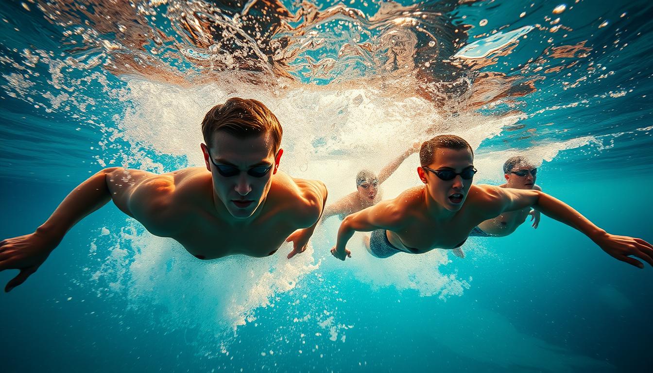 A group of swimmers gliding gracefully through crystal-clear water, their lithe bodies cutting through the waves with effortless power. Sunlight filters in through the surface, casting a warm, golden glow on their muscular physiques. Droplets of water sparkle like diamonds as they propel themselves forward, faces focused with intense determination. The scene exudes a sense of boundless energy, capturing the essence of the swimmer's relentless pursuit of peak performance. Wide-angle lens captures the full scope of their movement, showcasing the fluid synchronicity of their strokes. Vivid realism brings this aquatic dance to life, inviting the viewer to feel the thrill and exhilaration of the swimmer's world.