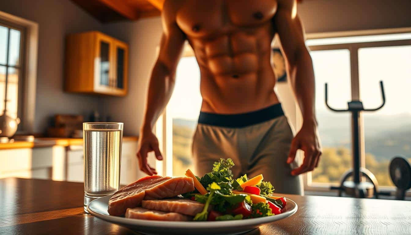 A healthy, athletic figure standing in a sunlit kitchen, their body in a calorie deficit state. The foreground showcases a plate of lean protein, vegetables, and a glass of water, symbolizing a nutritious, calorie-controlled meal. The middle ground features exercise equipment, hinting at the importance of an active lifestyle. The background depicts a panoramic view of a lush, natural landscape, evoking a sense of balance and wellness. Warm, golden lighting bathes the scene, creating a serene and aspirational atmosphere. The overall composition emphasizes the core steps of a cutting diet plan that protects muscle and reduces body fat.
