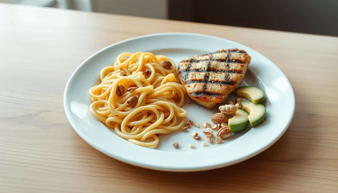 A highly detailed, photorealistic image of a tennis player's plate showcasing the core macronutrients - carbohydrates, protein, and fats. The plate is positioned on a wooden table, with a clean white background. The carbohydrates are represented by a serving of whole-grain pasta, the protein by a grilled chicken breast, and the fats by a sprinkle of nuts and avocado slices. The lighting is natural and diffused, creating soft shadows and highlights that accentuate the textures and colors of the food. The composition is balanced and visually appealing, inviting the viewer to appreciate the importance of these key nutrients for an athlete's diet.