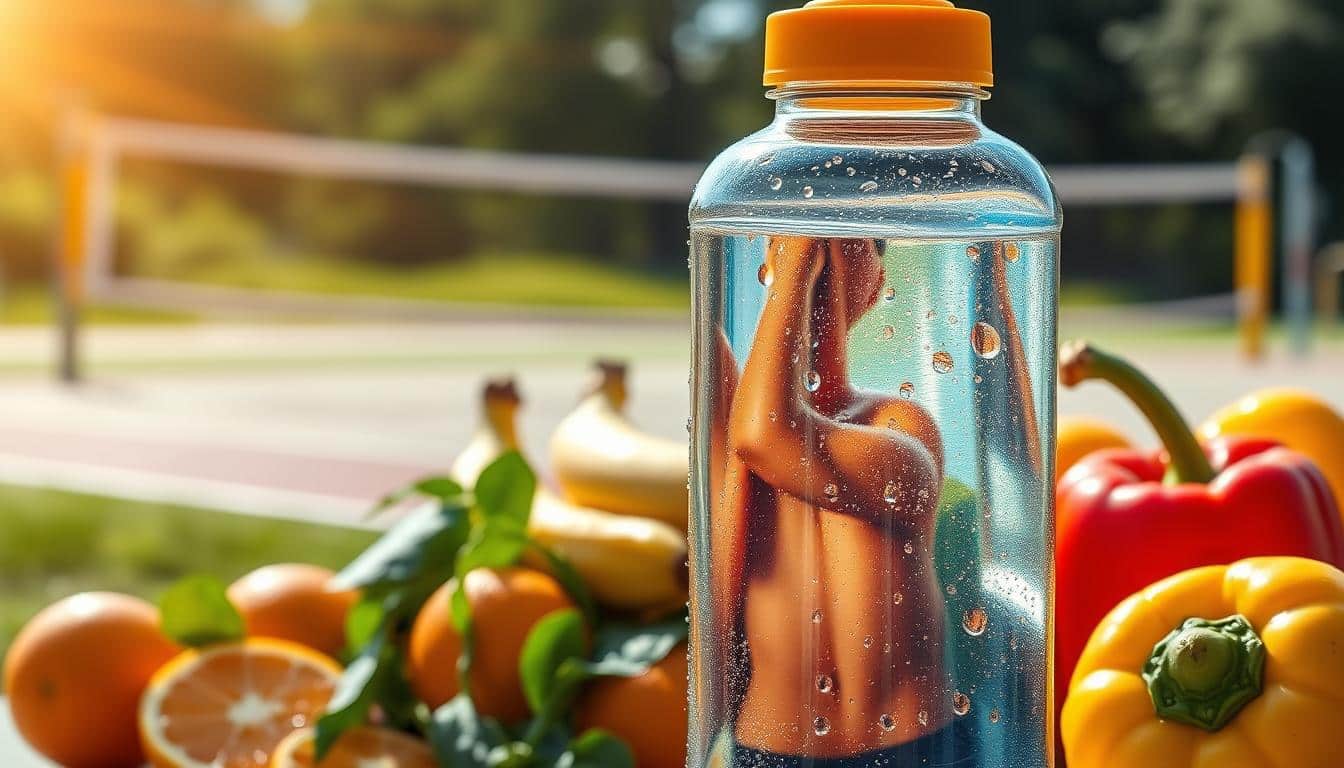 A hydration plan for peak volleyball performance. In the foreground, a reusable water bottle with droplets cascading down the sides, reflecting the light. In the middle ground, an assortment of fresh, vibrant fruits and vegetables - oranges, bananas, spinach, and bell peppers - arranged in a visually appealing manner. The background features a serene, sun-dappled outdoor setting, with a volleyball court in the distance. The lighting is natural and warm, creating a sense of vitality and energy. The overall composition conveys the importance of proper hydration and balanced nutrition for fueling the body for elite volleyball competition.