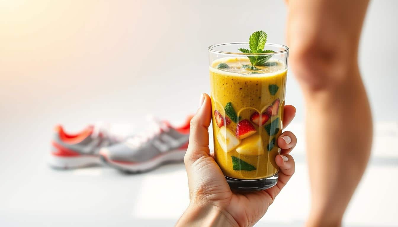 A hyper-realistic photograph of a runner's hand holding a glass of freshly-blended vegetable and fruit smoothie, set against a clean, minimalist background. The hand is positioned in the foreground, with the smoothie prominently displayed, showcasing its vibrant colors and enticing texture. The middle ground features a pair of running shoes, subtly hinting at the active lifestyle and fitness goals. The background is softly blurred, creating a sense of depth and focus on the central elements. Natural lighting casts a warm, golden glow, enhancing the overall mood of health, vitality, and determination to achieve nutrition goals for marathon training.
