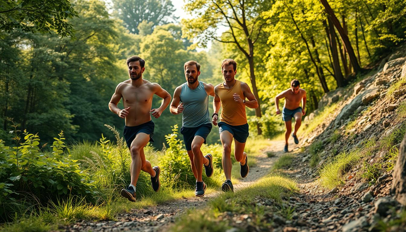 A meticulously detailed and photorealistic image of three runners in various stages of an "off-season" training phase. In the foreground, a runner in a surplus phase, muscles bulging, jogging effortlessly through a lush, verdant landscape. In the middle ground, a runner in a maintenance phase, steady and composed, striding confidently along a winding forest trail. In the background, a runner in a deficit phase, lean and focused, climbing a rocky incline with unwavering determination. Natural lighting filters through the canopy, casting warm, golden hues across the scene. The runners' expressions reflect the distinct mindsets of each phase - abundance, balance, and discipline. Captured with a wide-angle lens to convey a sense of depth and scale, this image embodies the essence of the "Choose your off-season phase" concept.