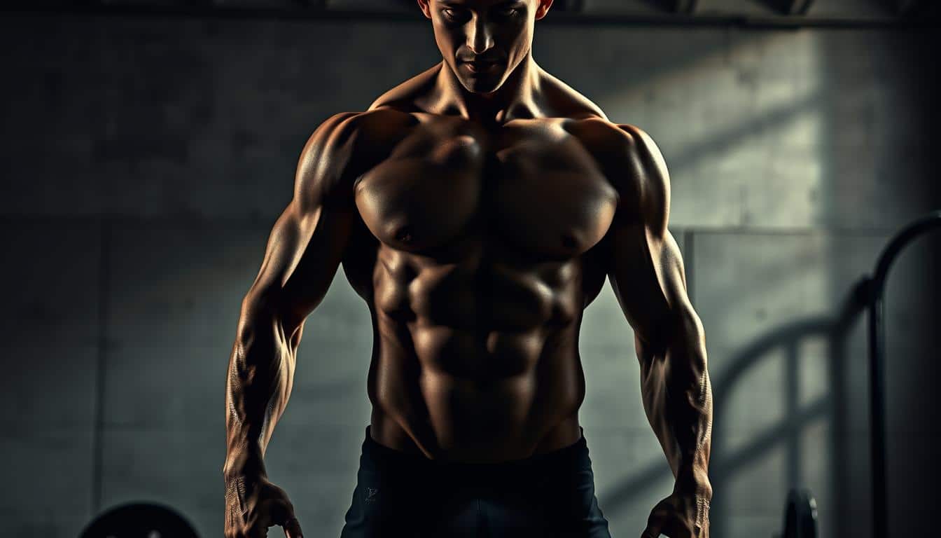 A muscular, shirtless male figure stands in a dimly lit, industrial-style gym setting. Dramatic side lighting casts long shadows, highlighting the intricate contours and definition of the subject's lean, chiseled physique. The figure's pose exudes strength and focus, capturing the intensity of a "cutting phase" - the process of reducing body fat to reveal underlying muscle. The background features a plain, concrete wall and minimal equipment, drawing the viewer's attention solely to the central figure and its impactful, photorealistic details.