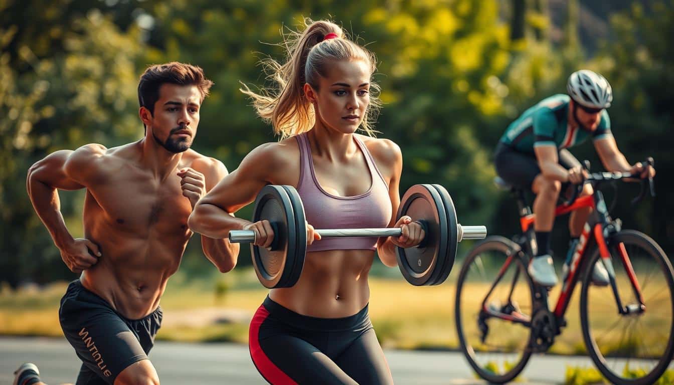 A photograph of three athletes at different stages of a periodized training program. In the foreground, a runner sprints with powerful strides, muscles taut and gleaming with sweat. In the middle ground, a weightlifter performs a clean and jerk, her brow furrowed in intense concentration. In the background, a cyclist pedals furiously, their bike a blur of motion against a backdrop of lush greenery. Soft, natural lighting illuminates the scene, creating a sense of warmth and vitality. The overall composition conveys the interconnected nature of training phases, each athlete's physicality and dedication on full display.