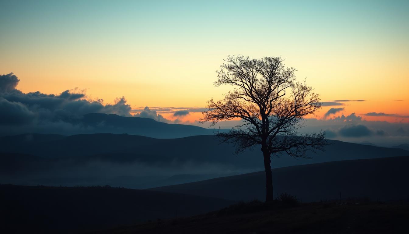 A serene landscape at the cusp of dawn and dusk, where the gentle glow of twilight and the deep hues of night coexist in a harmonious embrace. Rolling hills are painted in a soft palette of blues and purples, with wispy clouds casting ethereal shadows across the scene. A lone tree, its branches reaching skyward, stands as a silent witness to the transition between day and night. The lighting is soft and diffused, creating a sense of tranquility and balance, as if the world is holding its breath in anticipation of the coming change. This image evokes a feeling of steady, sustainable energy, the kind that fuels a basketball player's endurance and focus before a big game.